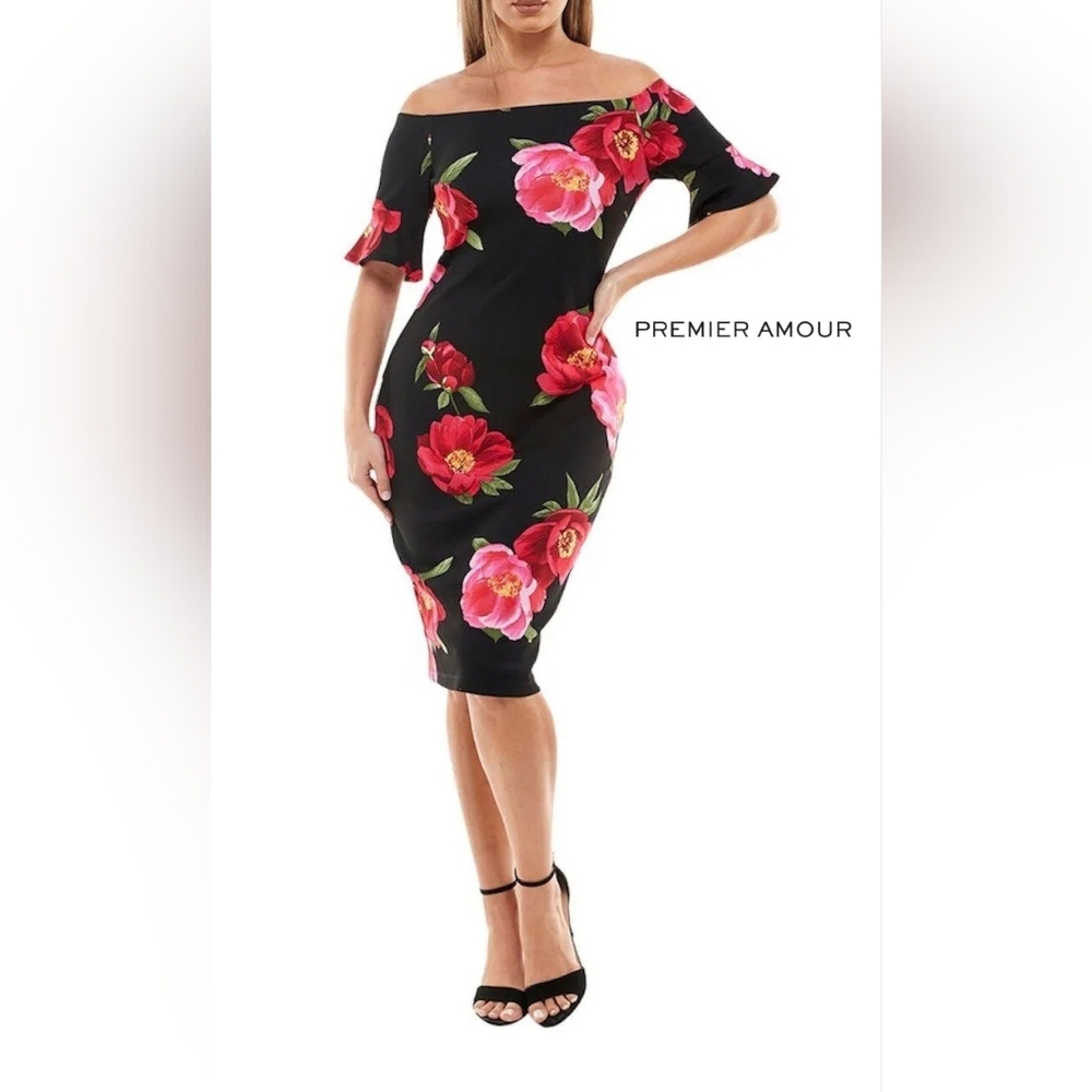 PREMIER AMOUR Black and Pink Floral Off-Shoulder Dress - 2